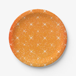 Prato De Papel Brilho laranja com estrelas cintilantes e brilhos