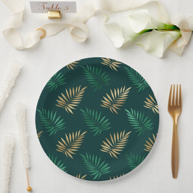 Prato De Papel Brilho verde e Dourado nas folhas tropicais (Casamento)