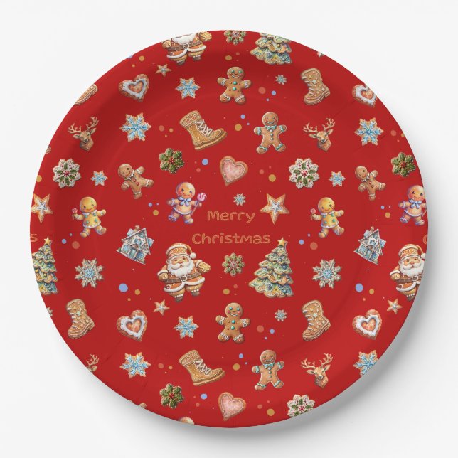 Prato De Papel Brincadeira de Natal Vermelho Gingerpão (Frente)
