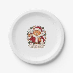 Prato De Papel Brinde Natal Gato Laranja Chapéu do Papai Noel Beb