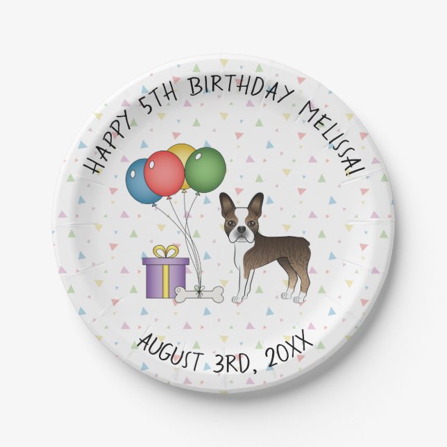 Prato De Papel Brindle Boston Terrier Cachorro de Desenho Animado (Frente)