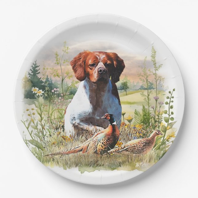 Prato De Papel Brittany Spaniel – Campo, Foco, Faisão, Arte (Frente)