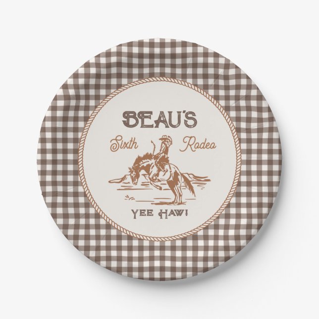 Prato De Papel Brown Gingham Rodeo Party Paper Plates (Frente)