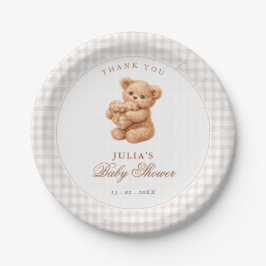 Prato De Papel Brown Gingham Teddy Bear Neutral Baby Shower Paper