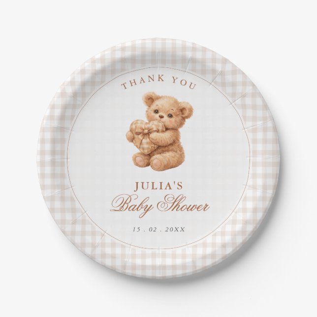 Prato De Papel Brown Gingham Teddy Bear Neutral Baby Shower Paper (Frente)