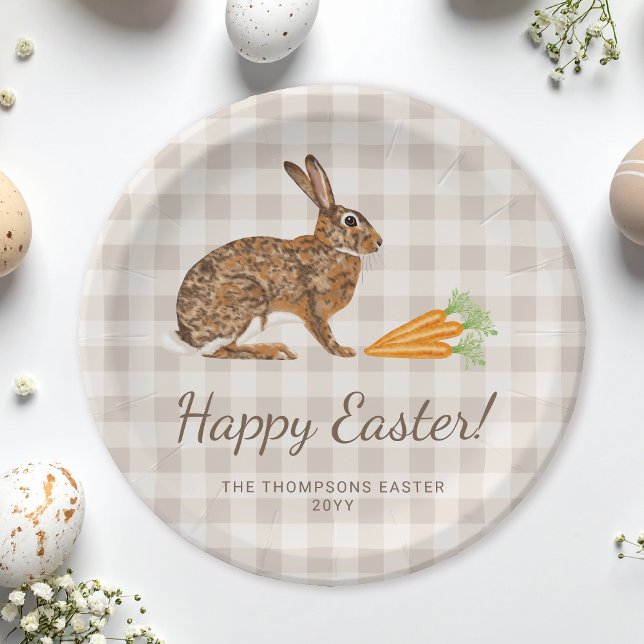 Prato De Papel Brown Hare And Carrots Happy Easter Beige Gingham (Criador carregado)