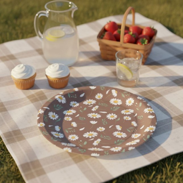 Prato De Papel  Brown Paper Plate with Daisy Flowers - Birthday  (Criador carregado)