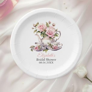 Prato De Papel Brunch de Chá de Chá de Bebê com Rosas Cor de Blus