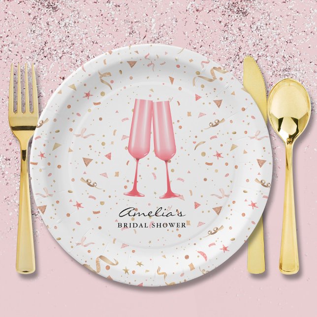 Prato De Papel Brunch rosa e Chá de panela de espuma (Pink champagne glasses brunch and bubbly bridal shower paper plates)