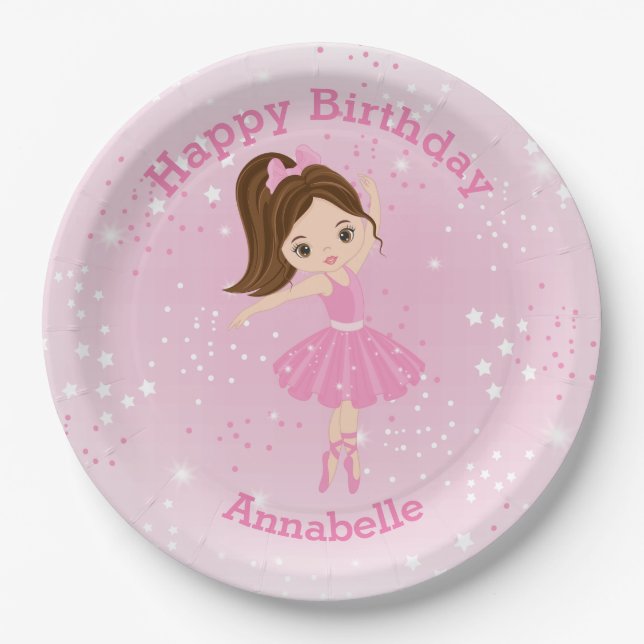 Prato De Papel Brunette Ballerina Happy Birthday Plate (Frente)