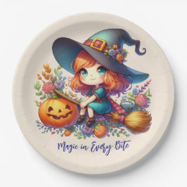 Prato De Papel bruxa bonita vestida de azul, Halloween
