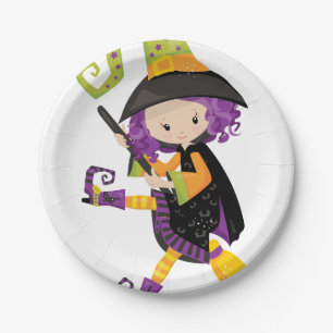 Prato De Papel Bruxa bonito de Lil com cabelo roxo em um