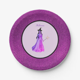 Prato De Papel Bruxa chic de Halloween em violeta e roxo brilhant