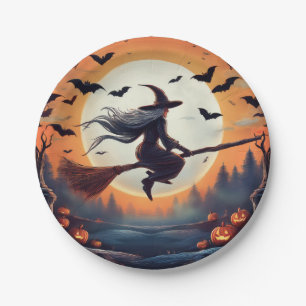 Prato De Papel Bruxa de Broomstick com morcegos