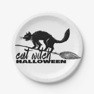 Prato De Papel Bruxa De Gato Engraçado Do Halloween Na Broomstick
