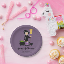 Prato De Papel Bruxa Fofa Com Um Gato Texto de Evento de Hallowee