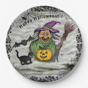 Prato De Papel Bruxa, Gato, Bat e Pumpkin, Feliz Halloween!