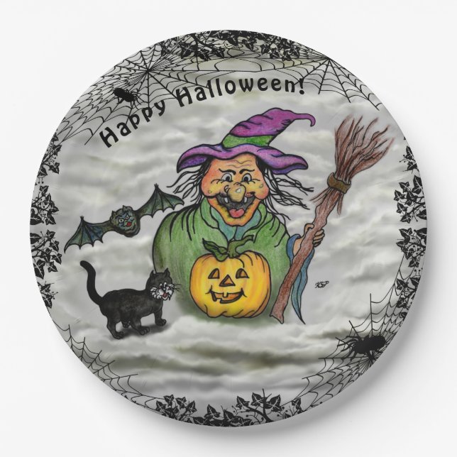 Prato De Papel Bruxa, Gato, Bat e Pumpkin, Feliz Halloween! (Frente)