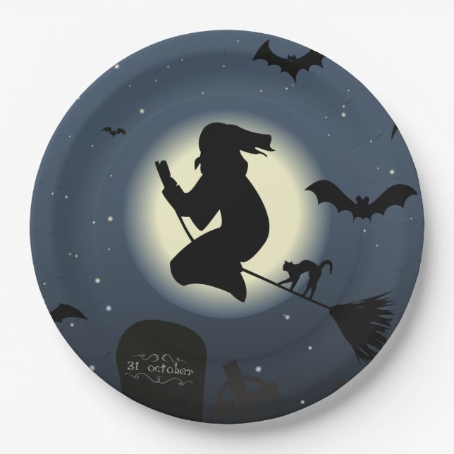 Prato De Papel Bruxa, gato preto e morcegos (Frente)