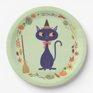 Prato De Papel Bruxa Gato Verde de Halloween Fofo