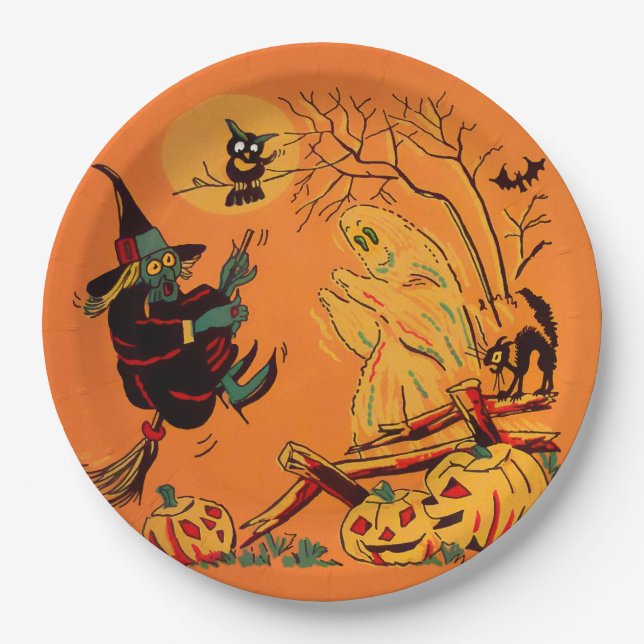 Prato De Papel Bruxa Laranja Retro Halloween  (Frente)