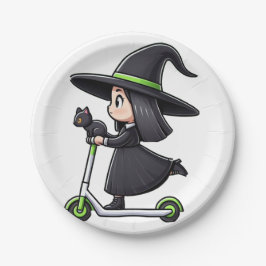 Prato De Papel Bruxa Rapariga com Gato soltando um Patinete