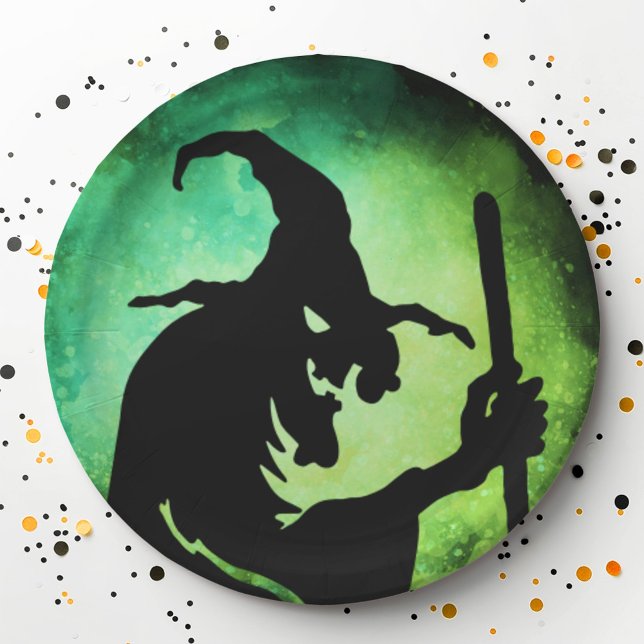 Prato De Papel Bruxa verde preto Halloween (Witch green black Halloween Paper Plates)