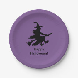 Prato De Papel Bruxa Voadora - Roxo - Feliz Halloween -