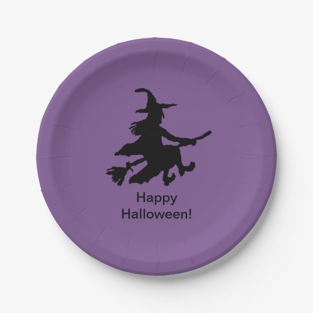Prato De Papel Bruxa Voadora - Roxo - Feliz Halloween - (Frente)