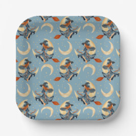 Prato De Papel Bruxa voando na lua crescente