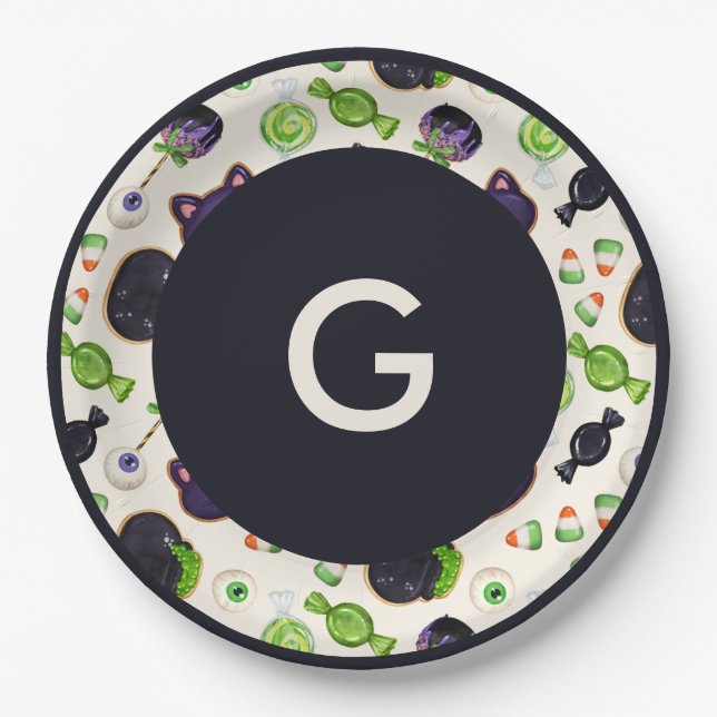 Prato De Papel Bruxas de Halloween Criam Monograma (Frente)