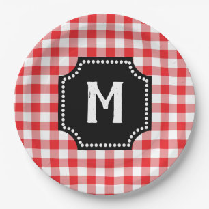 Prato De Papel Búfalos de Gingham Vermelho e Branco Cheque Monogr