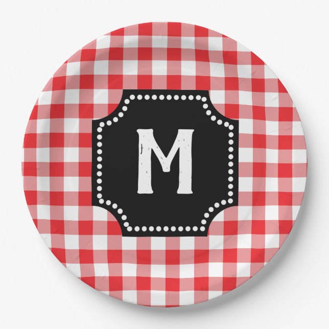 Prato De Papel Búfalos de Gingham Vermelho e Branco Cheque Monogr (Frente)