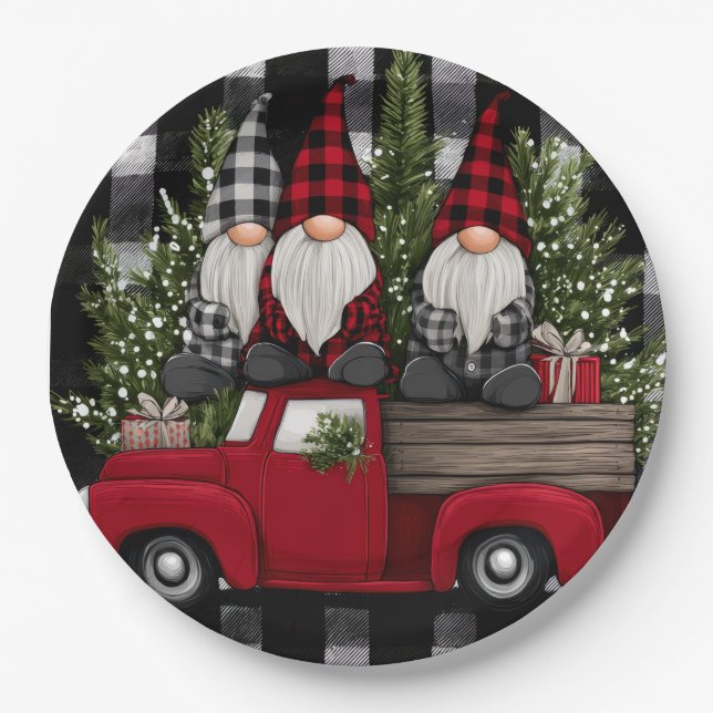 Prato De Papel Buffalo Plaid Gnomes Holiday Truck Paper Plates (Frente)