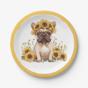 Prato De Papel Buldogue Francês Cercado Por Girassóis