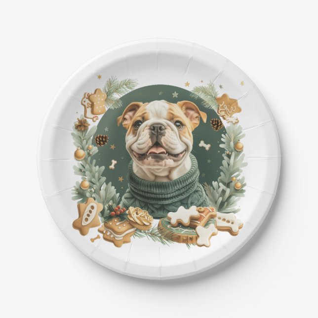 Prato De Papel Buldogue Inglês de Natal (Frente)