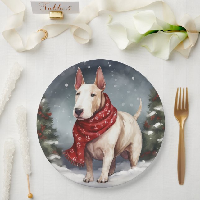 Prato De Papel Bull Terrier Dog no Natal da Neve (Casamento)