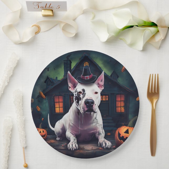 Prato De Papel Bull Terrier Pumpkins Halloween Scary (Casamento)