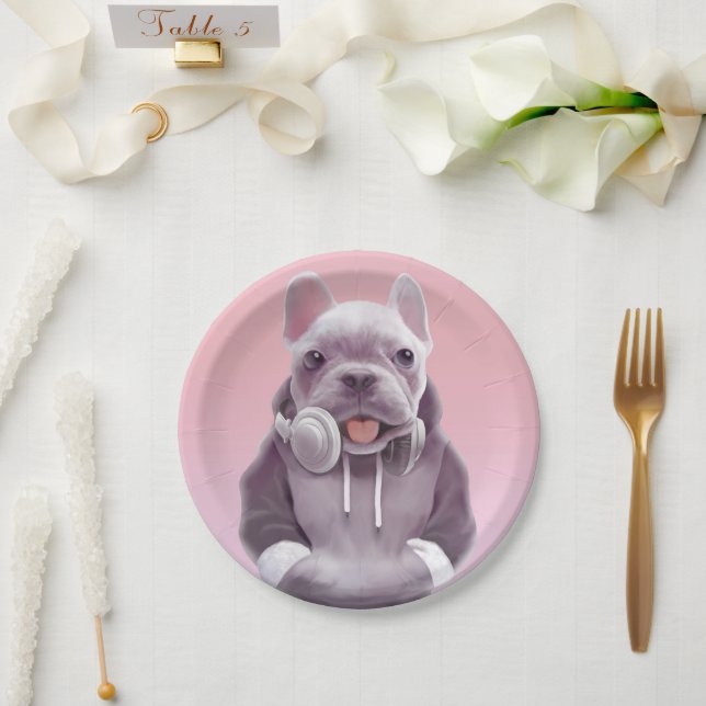Prato De Papel Bulldog Francês com Ilustração de Fones de ouvido (Casamento)