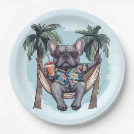 Prato De Papel Bulldog Francês com Roupa Havaiana
