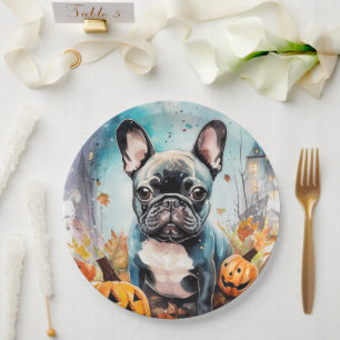 Prato De Papel Bulldog Francês Halloween Com Pumpkins Assustado