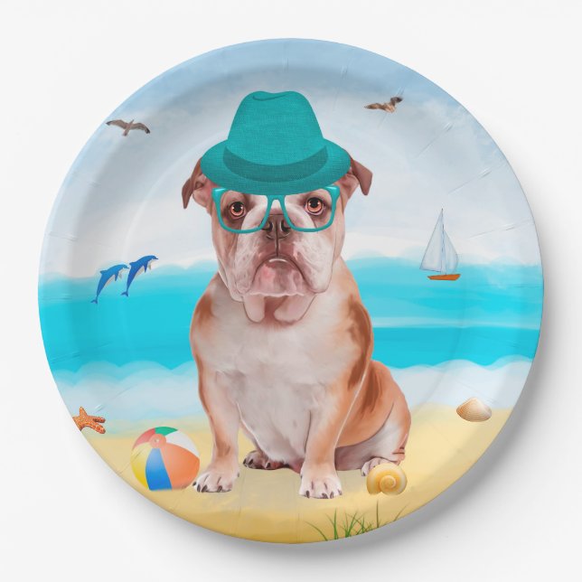Prato De Papel Bulldog Inglês na Praia (Frente)