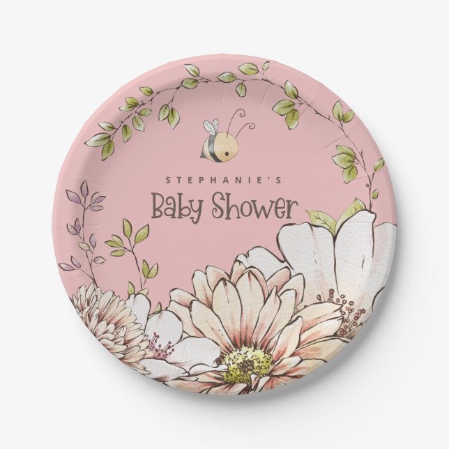 Prato De Papel Bumblebee Florals Nome Chá Rosa Bebê (Frente)