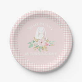 Prato De Papel Bunny Flowers e Pink Gingham Birthday
