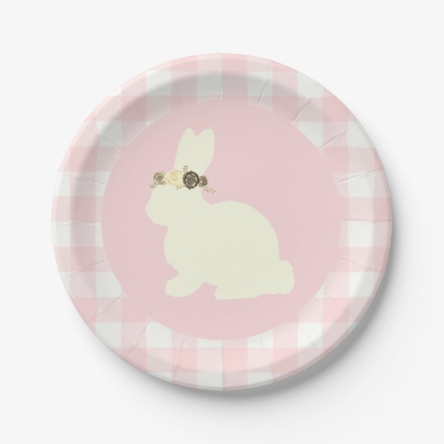 Prato De Papel Bunny with Flowers Pink Party Paper Plate (Frente)