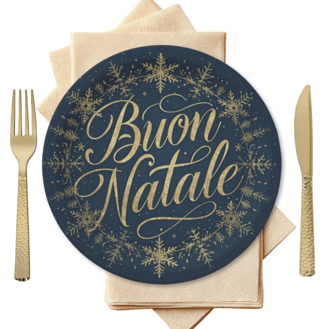 Prato De Papel Buon Natale Italian Christmas - Navy & Gold (Buon Natale Elegant Navy plate with gold script surrounded by circular snowflakes in gold)