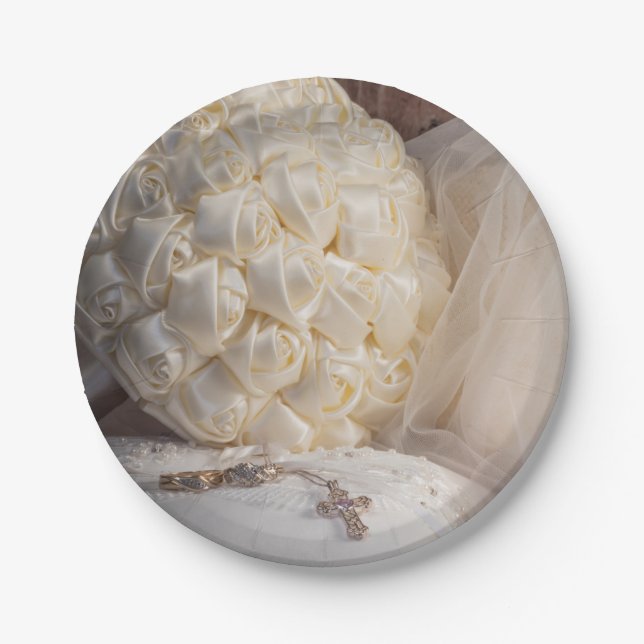 Prato De Papel buquê 5882 com anéis, véu e cruz (Frente)