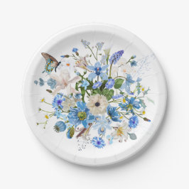 Prato De Papel Buquê de flores azuis e jardins.