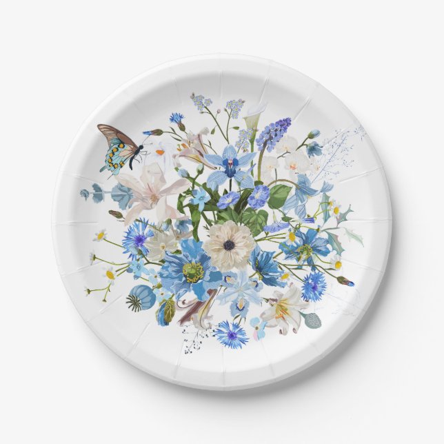 Prato De Papel Buquê de flores azuis e jardins. (Frente)