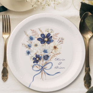 Prato De Papel Buquê de Flores Azul Marinho Aquarela Personalizad